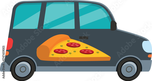 Grey delivery car with a giant slice of pepperoni pizza promoting a fast food restaurant
