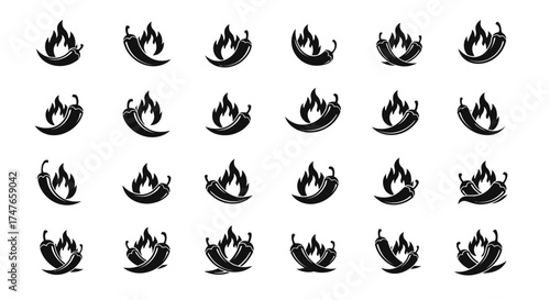 Array of spicy chili pepper icons with flames symbolizing heat and culinary zest icons