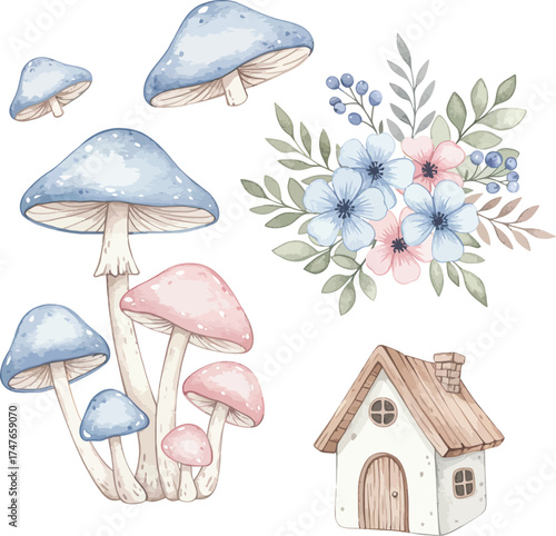 Whimsical watercolor mushroom houses and floral bouquet for enchanted designs