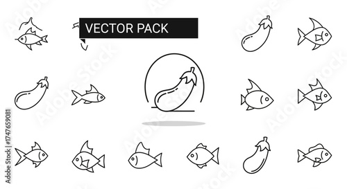 Elegant minimalist vector pack featuring diverse fish illustrations and eggplants