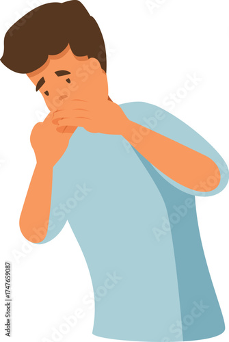Sick person coughing and covering mouth, symptom of respiratory disease like flu or covid