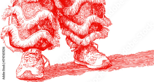 Red pen sketchy of lion dance costume lower section. Traditional Chinese New Year celebration detail in detailed hand drawn pencil crayon style.