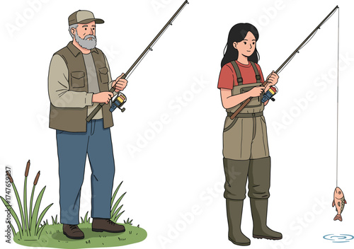Fishing illustration, outdoor activity, two anglers, catching fish, nature scene, cad drawing, vector art, recreational lifestyle, water sport