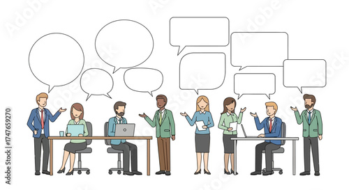 Illustrated corporate business meeting with speech bubbles in a collaborative discussion session