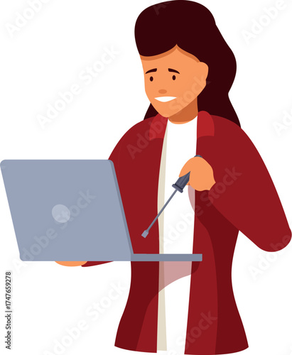 Skilled technician concentrating on repairing a laptop, using a screwdriver with a focused and determined expression