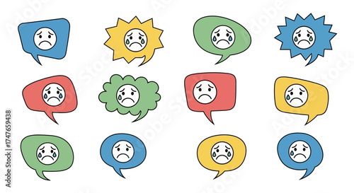 Colorful speech bubbles displaying crying emoticons expressing sadness and grief in communication