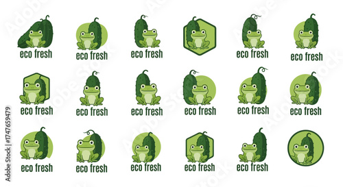 Collection of eco fresh logos featuring friendly frogs and vibrant green cucumbers elements