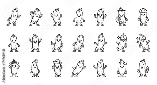 A collection of hand-drawn pickle characters with various poses and expressions for creative