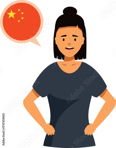 Portrait of young woman showing chinese flag in speech bubble, learning and speaking chinese language