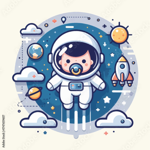 Adorable baby astronaut floating in space with pacifier and rocket.