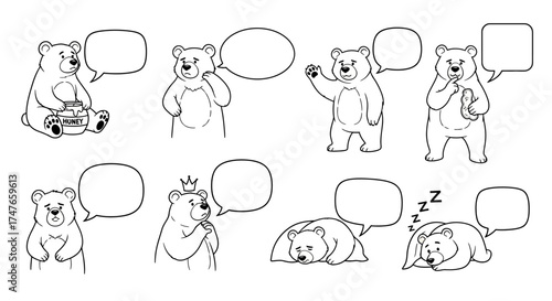 Cartoon bears with speech bubbles showing various emotions in monochrome illustration