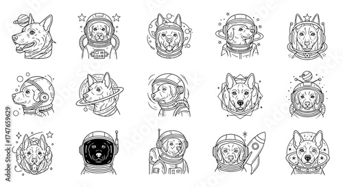 Collection of whimsical cartoon dogs in astronaut costumes, space-themed illustrations with