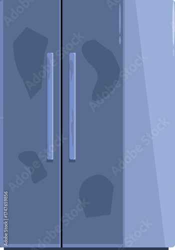 Refrigerator door showing food stains and fingerprints, symbolizing the need for cleaning