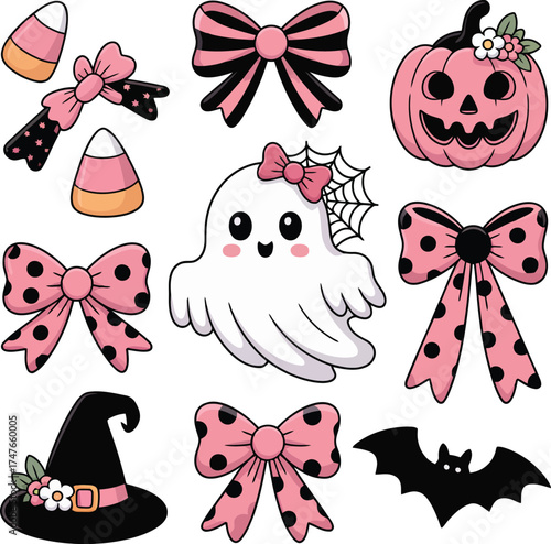Cute halloween elements with pink bows and polka dots