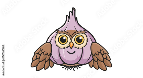 Humorous Fusion: Cartoon owl perched on top of a stylized purple garlic bulb character
