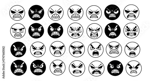 Array of stylized angry face icons depicting various expressions on white background
