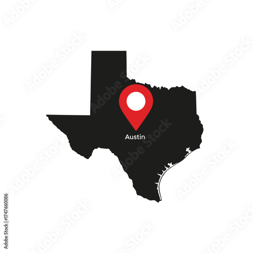 Abstract texas map illustration with austin location marker displayed against white background