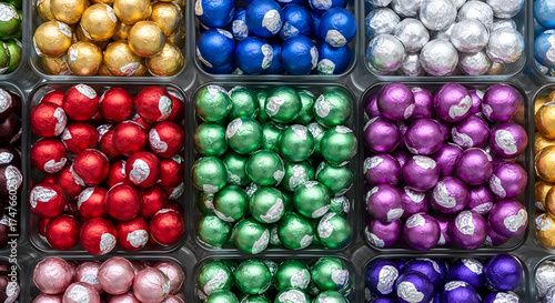 Assorted colorful wrapped candies arranged neatly in clear containers for retail display