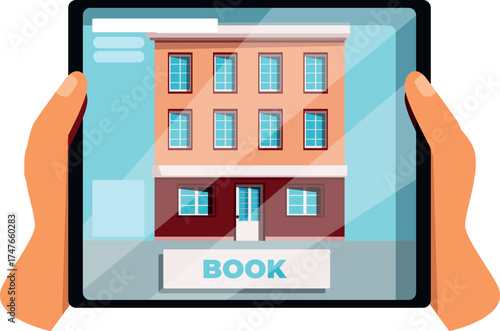 Online booking concept with hands holding tablet displaying hotel and book button