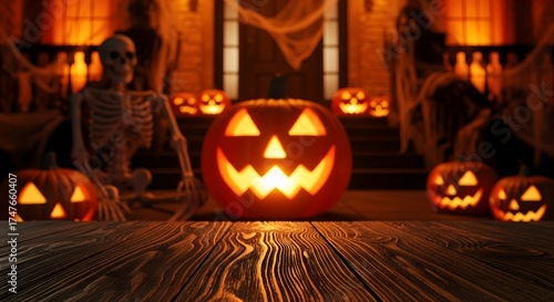 Glowing jack‑O‑lantern on porch with skeleton spooky Halloween night wooden table foreground