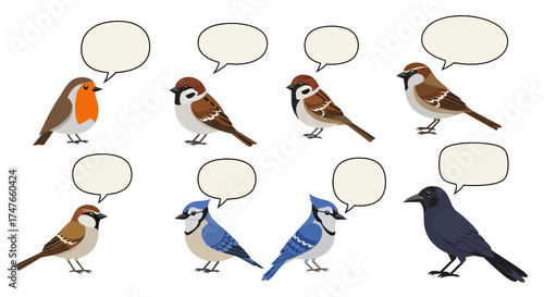 Diverse birds in conversation illustration featuring robin sparrow jay and crow with speech bubbles