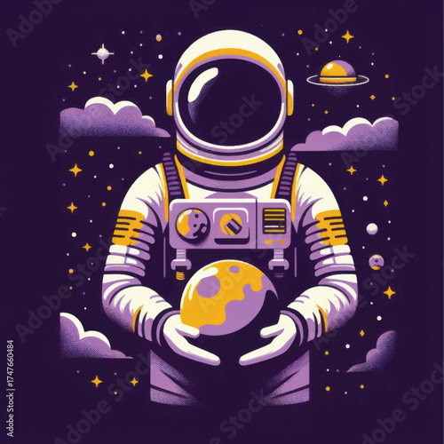 Astronaut holding a planet in space illustration.