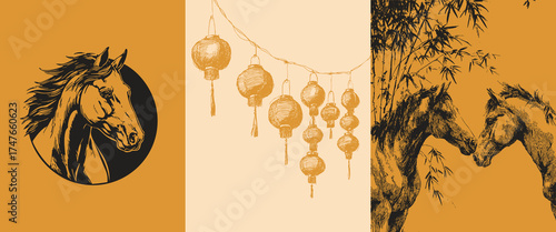 Hand drawn horse, lanterns, bamboo in oriental line pencil illustration set. Elegant composition for cultural decoration and poster design.
