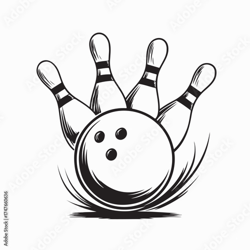 Bowling Ball Hitting Pins Vector Illustration isolated  on white background