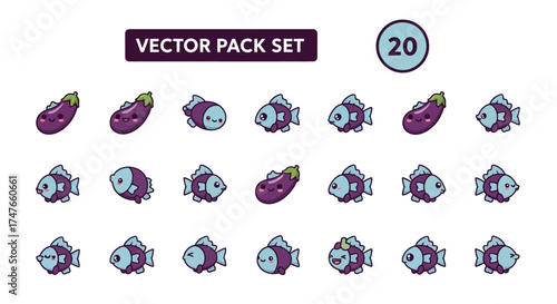 Cute vector pack set featuring adorable fish and eggplant characters for playful design projects