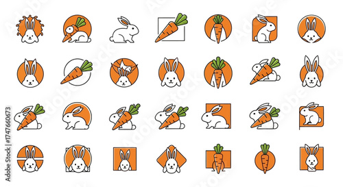 Collection of whimsical rabbit and carrot logo concepts ideal for children's products and easter