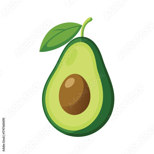 Illustration of a vibrant green avocado cut in half revealing its smooth brown pit and creamy flesh