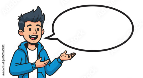 Animated character in blue hoodie presenting a blank speech bubble idea with cheer