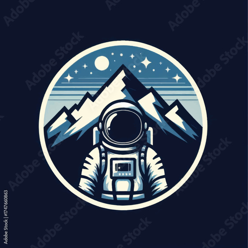 Astronaut standing in front of majestic mountains under starry sky.