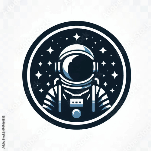 Astronaut in space suit with stars emblem logo design.