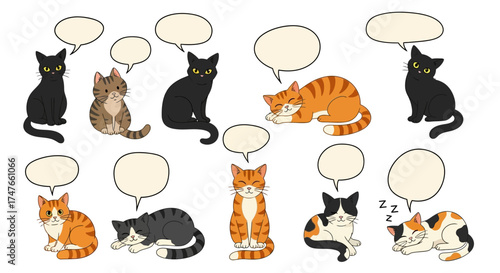 Illustrations of Various Cartoon Cats with Different Personalities and Speech Bubbles Around Them