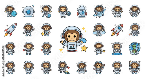 Collection of playful monkey astronauts exploring the cosmos with rockets and planets