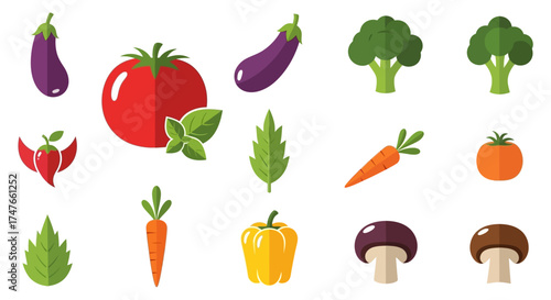 Flat design vector illustration of various fresh healthy vegetables assortment
