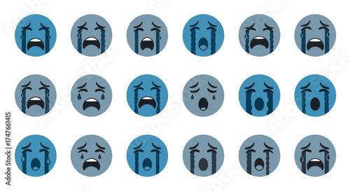 Varied expressions of sorrow depicted through round, blue emoji icons with flowing tears