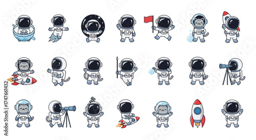 Collection of kawaii cartoon astronaut illustrations featuring space exploration and feline