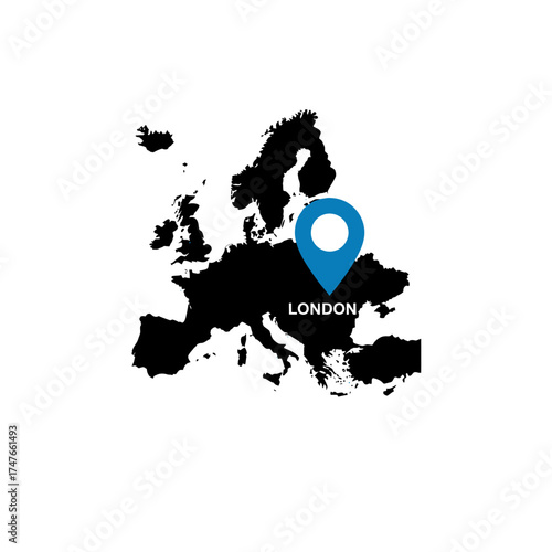 Europe map pinpointing London location with navigational pointer for geographic study