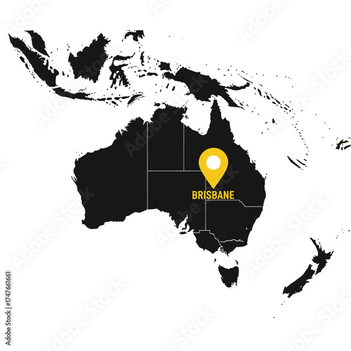 Brisbane highlighted location on minimalist black and white map illustration displaying Australian