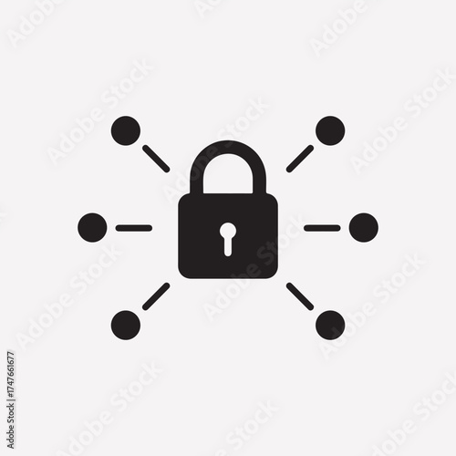 digital cybersecurity encryption padlock with distributed connections modern flat black vector icon.