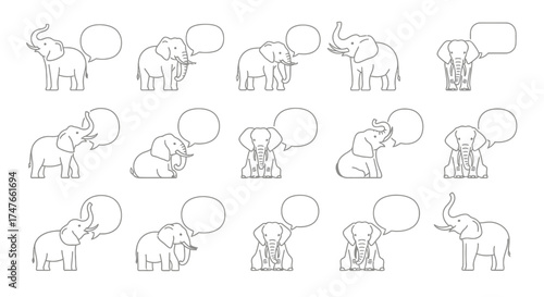 Stylized elephant outlines with speech bubbles against a clean white background creating a modern