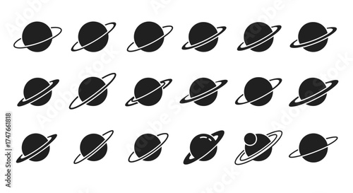 Collection of Unique Planet Icons with Rings for Science Education Material