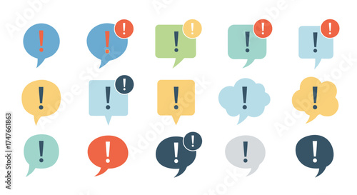 Diverse notification bubble collection with vibrant exclamation points signaling alerts