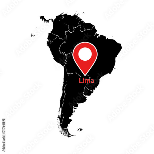 South America geographical map with Lima location, showing the place of the state's capital city