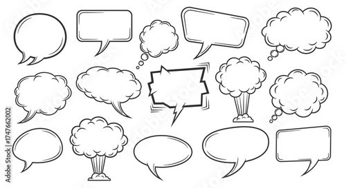 Collection of diverse comic speech bubbles and thought clouds for creative projects