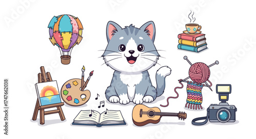 Cute cartoon cat surrounded by various creative hobbies and art supplies.
