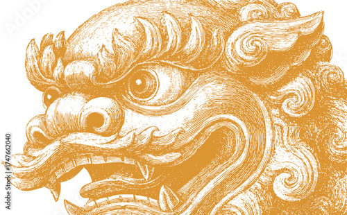 Golden line drawing of traditional Chinese guardian lion head with detailed curls and fierce expression.