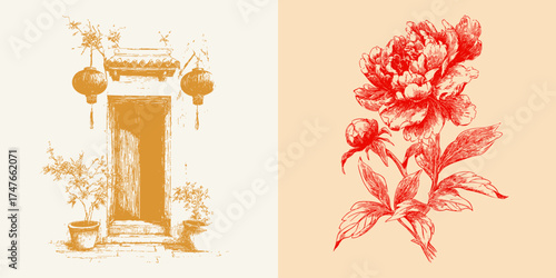 Hand drawn illustration of Chinese doorway with lanterns and blooming peony flower. Vintage line sketch in red and beige palette.